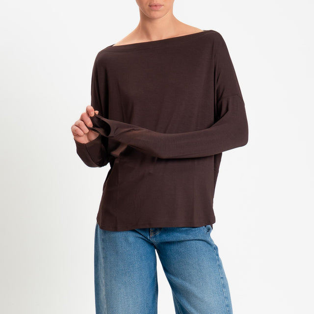 Kontatto- T-shirt scollo barca stondata in jersey - cioccolato