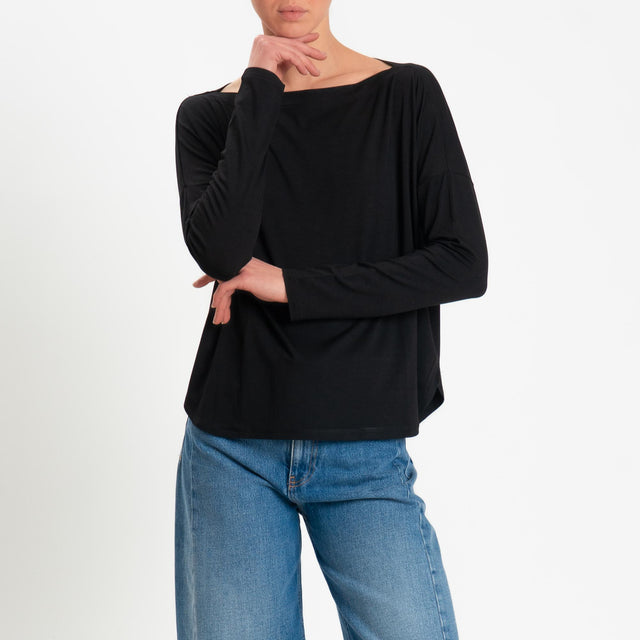 Kontatto- T-shirt scollo barca stondata in jersey - Nero