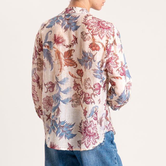 Zeroassoluto-Camicia MAIA fantasia in mussola misto seta - floreale burro/aubergine/avio