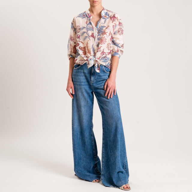 Zeroassoluto-Camicia MAIA fantasia in mussola misto seta - floreale burro/aubergine/avio