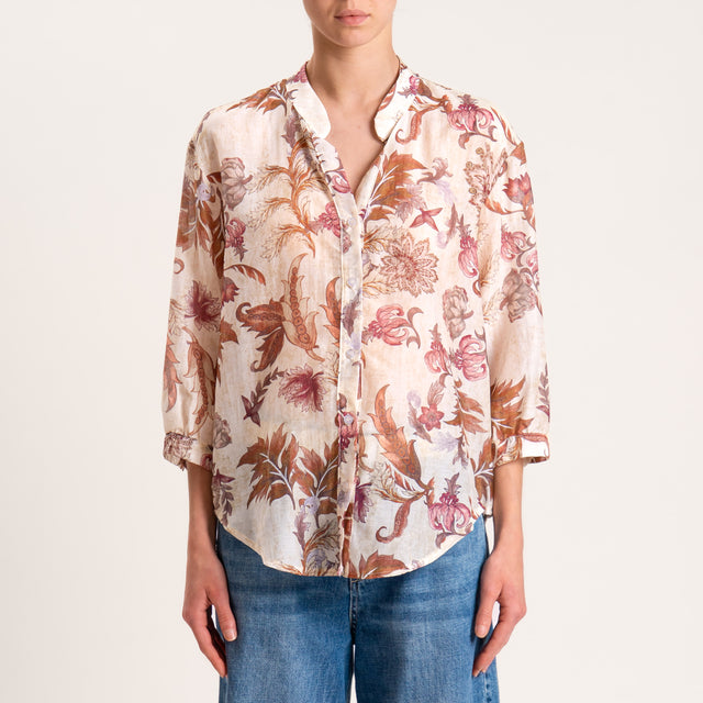 Zeroassoluto-Camicia MAIA fantasia in mussola misto seta - floreale burro/rose/cuoio