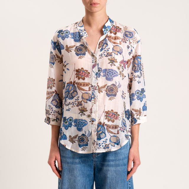 Zeroassoluto-Camicia MAIA fantasia in mussola misto seta - floreale latte/jeans/moro