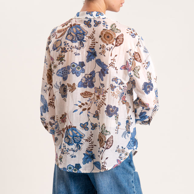 Zeroassoluto-Camicia MAIA fantasia in mussola misto seta - floreale latte/jeans/moro