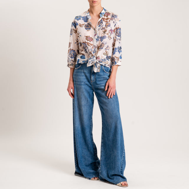 Zeroassoluto-Camicia MAIA fantasia in mussola misto seta - floreale latte/jeans/moro