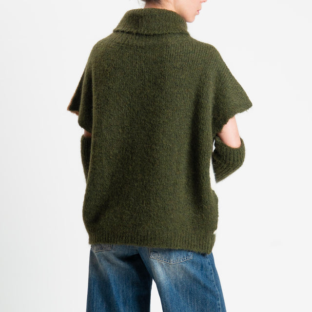 Motel-Maglia smanicata argyle collo alto in mohair con manicotti - militare/cammello/panna