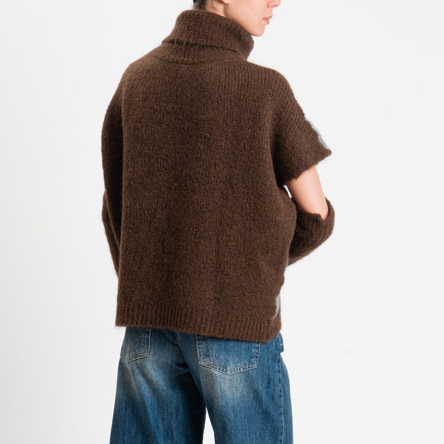 Motel-Maglia smanicata argyle collo alto in mohair con manicotti - moro/cammello/grigio