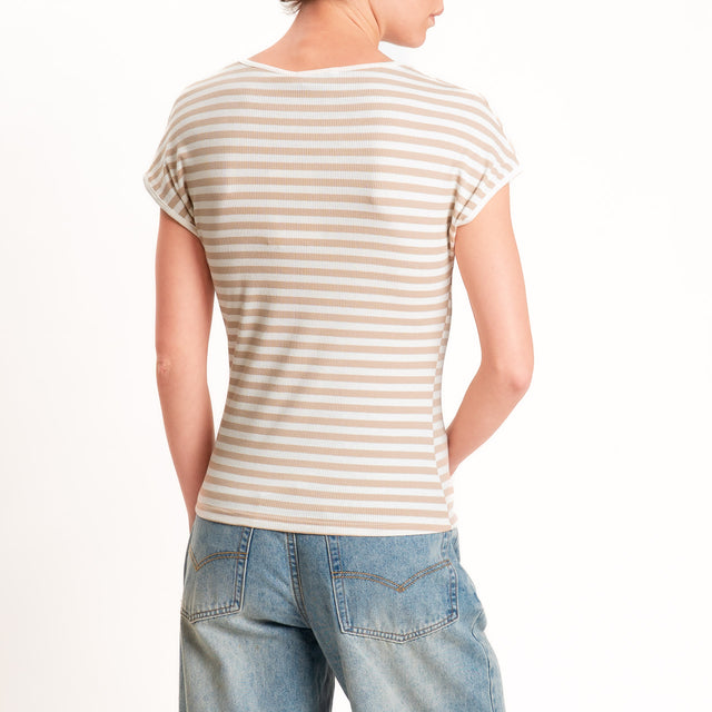 Motel-T-shirt righe a costine elasticizzata - panna/beige