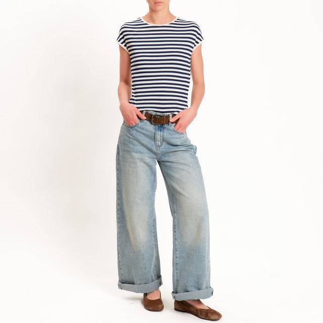 Motel-T-shirt righe a costine elasticizzata - panna/blu