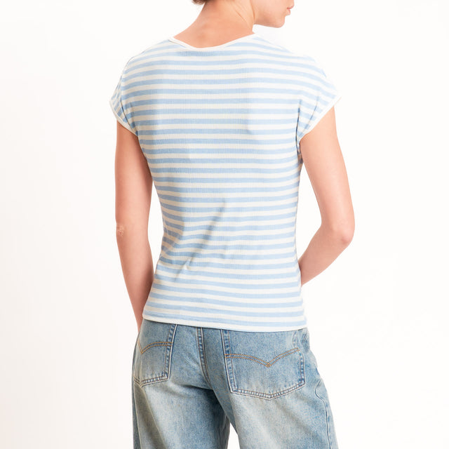 Motel-T-shirt righe a costine elasticizzata - panna/celeste