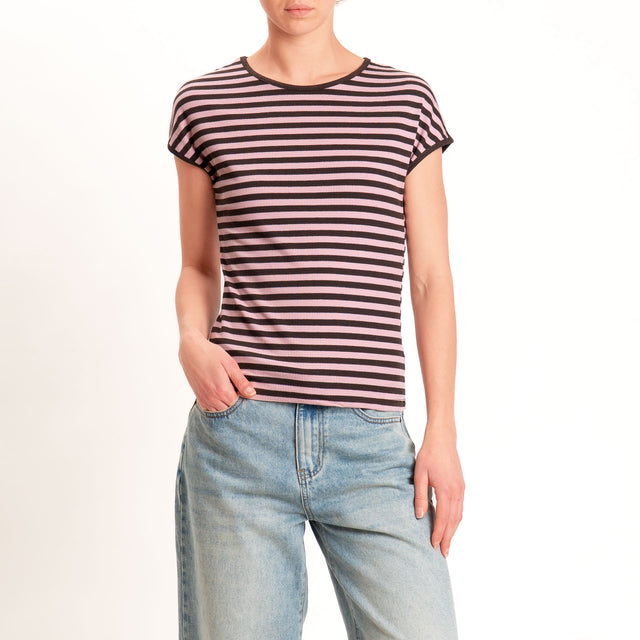 Motel-T-shirt righe a costine elasticizzata - moro/rosa