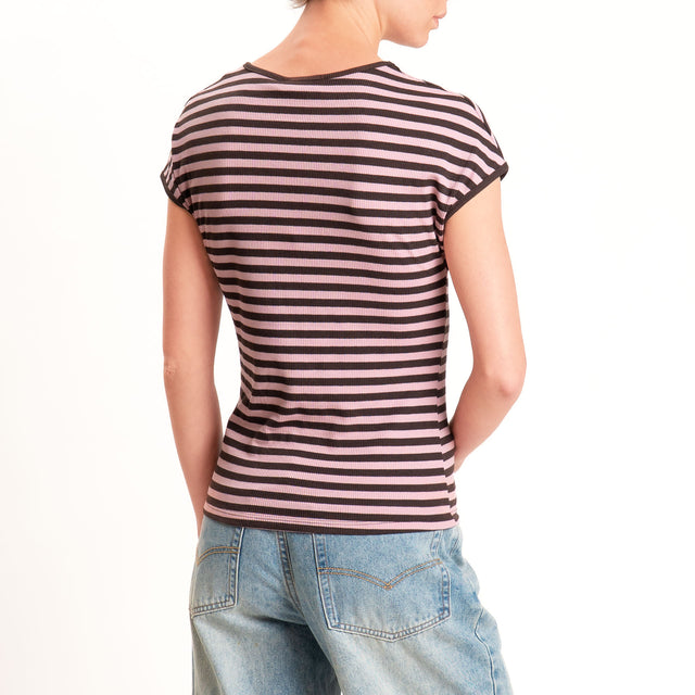 Motel-T-shirt righe a costine elasticizzata - moro/rosa