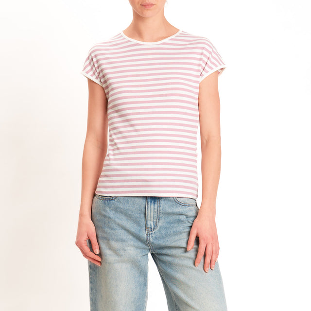 Motel-T-shirt righe a costine elasticizzata - panna/rosa