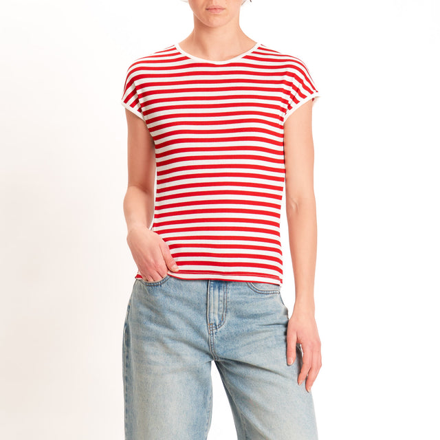 Motel-T-shirt righe a costine elasticizzata - panna/rosso