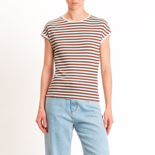 Motel-T-shirt righe a costine elasticizzata - panna/tabacco