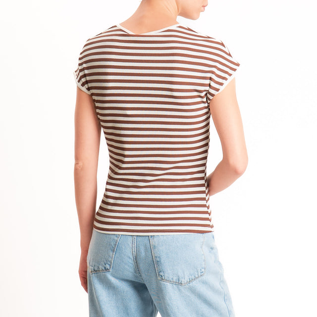 Motel-T-shirt righe a costine elasticizzata - panna/tabacco