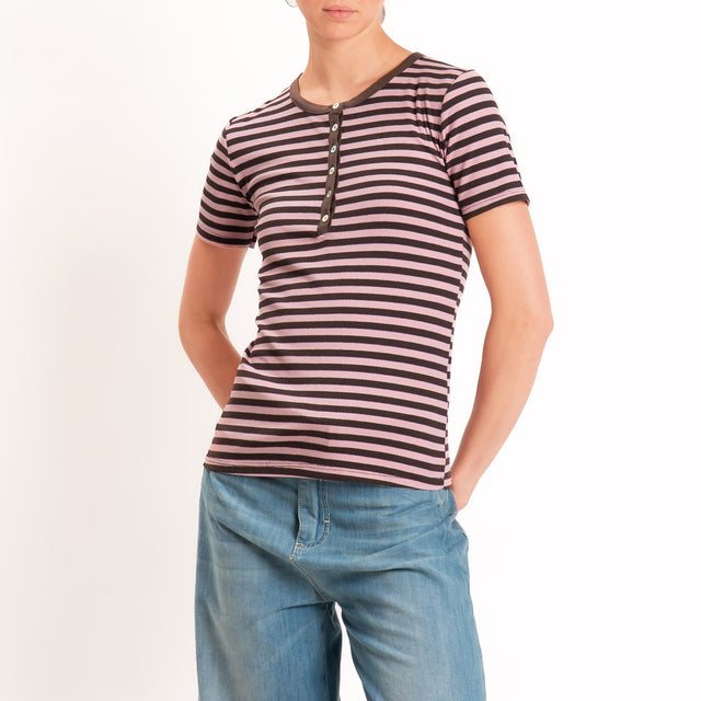 Motel-T-shirt righe serafino a costine - moro/rosa