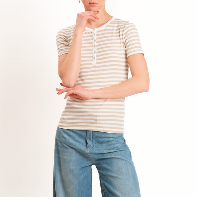 Motel-T-shirt righe serafino a costine - panna/beige