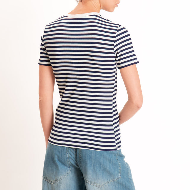 Motel-T-shirt righe serafino a costine - panna/blu