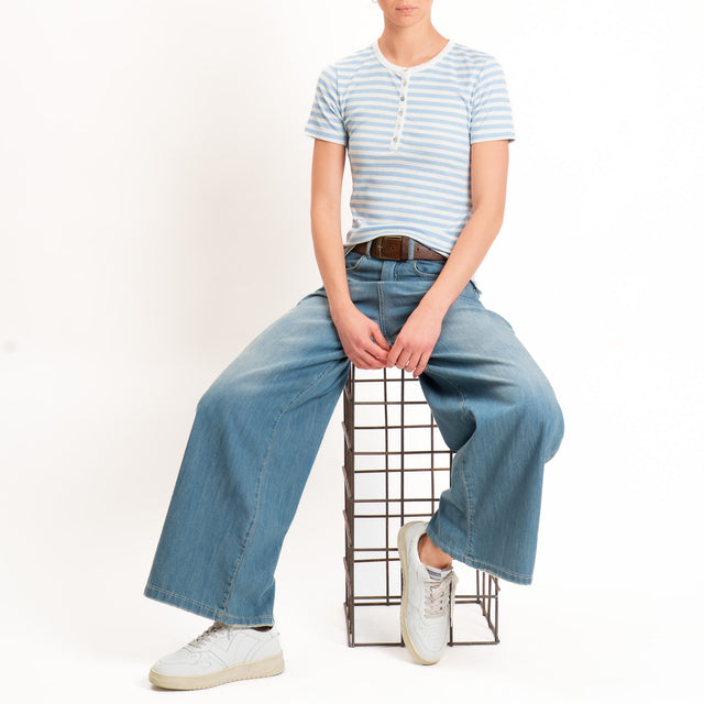 Motel-T-shirt righe serafino a costine - panna/celeste