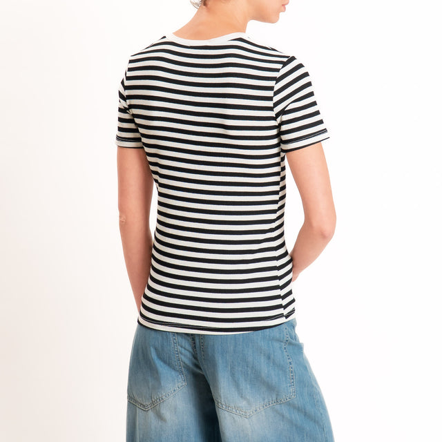 Motel-T-shirt righe serafino a costine - panna/nero