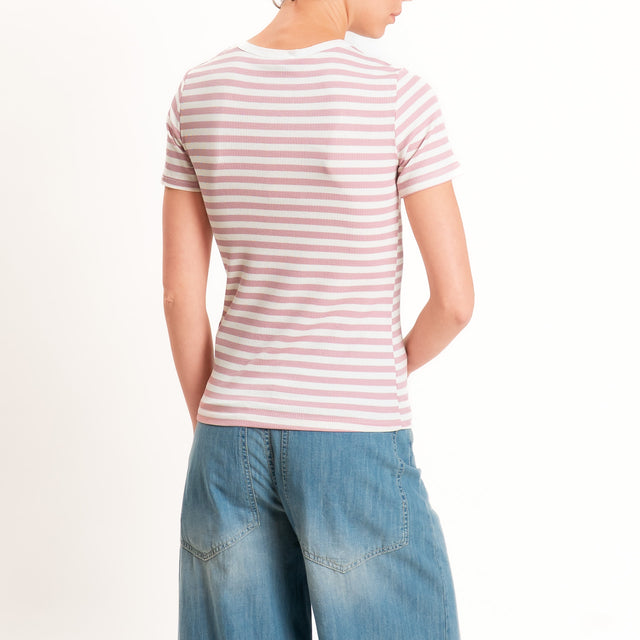 Motel-T-shirt righe serafino a costine - panna/rosa