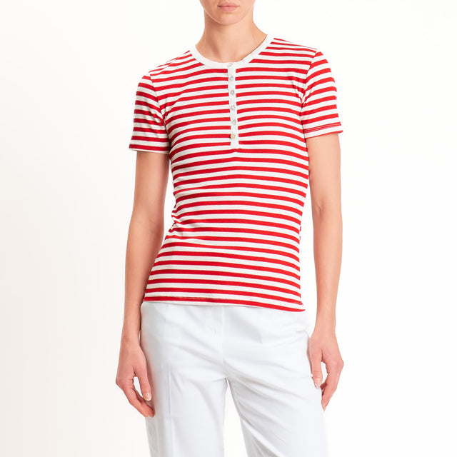Motel-T-shirt righe serafino a costine - panna/rosso