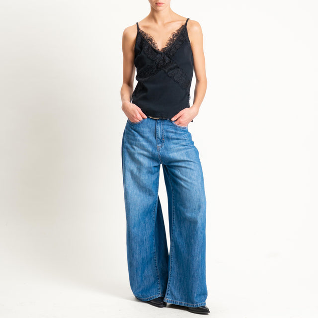 Motel-Top a costine con pizzo - nero
