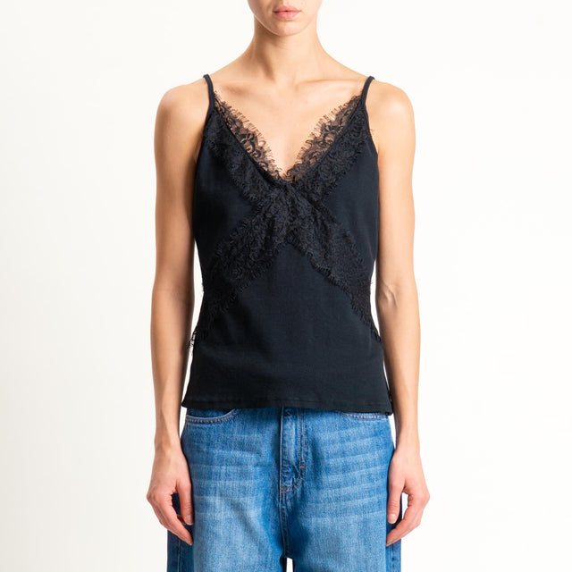 Motel-Top a costine con pizzo - nero
