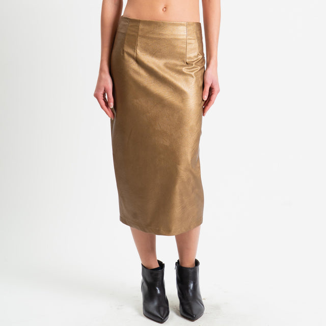 Motel-Gonna similpelle lamianta spacco dietro - tabacco