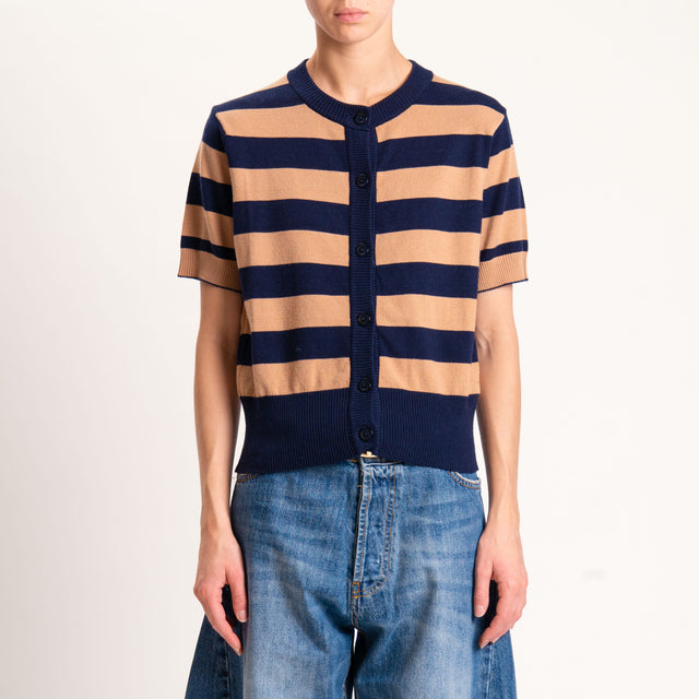 Motel-Cardigan righe in maglia mezza manica - blu/cammello