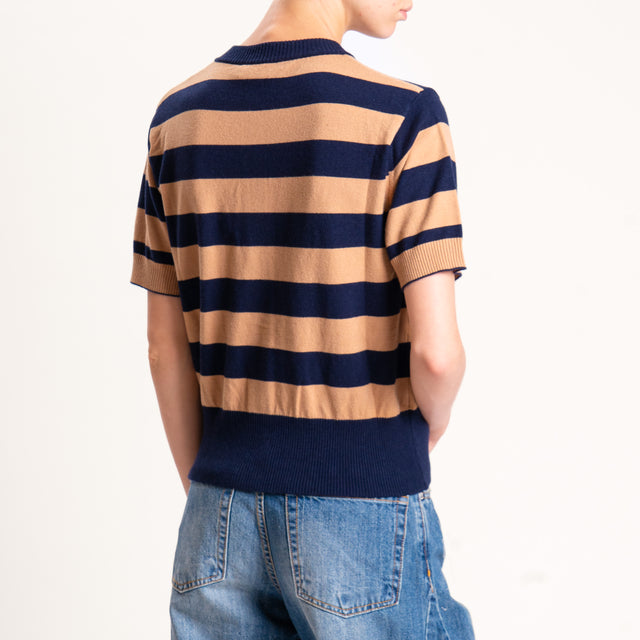 Motel-Cardigan righe in maglia mezza manica - blu/cammello