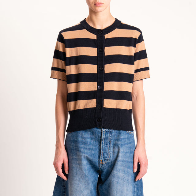 Motel-Cardigan righe in maglia mezza manica - nero/cammello