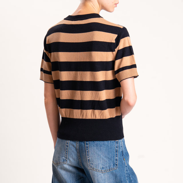 Motel-Cardigan righe in maglia mezza manica - nero/cammello