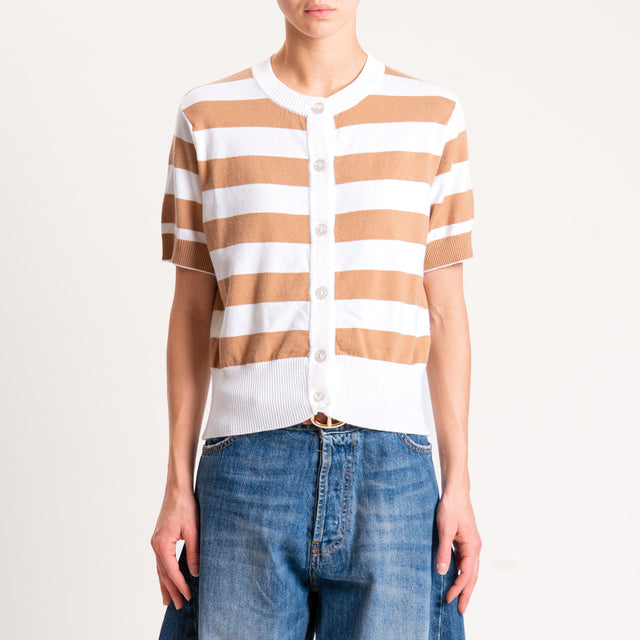 Motel-Cardigan righe in maglia mezza manica - panna/cammello