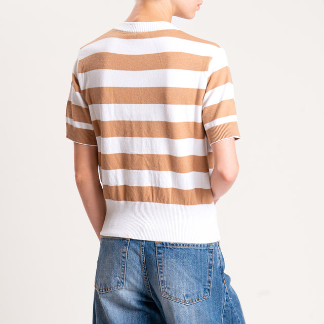 Motel-Cardigan righe in maglia mezza manica - panna/cammello