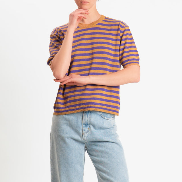Motel-Maglia righe mezza manica misto cotone - biscotto/malva