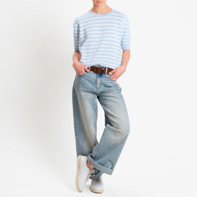 Motel-Maglia righe mezza manica misto cotone - celeste/bianco
