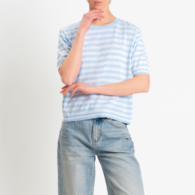 Motel-Maglia righe mezza manica misto cotone - celeste/bianco