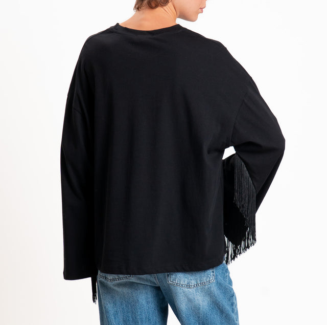 Motel T-shirt boxy with fringe - black
