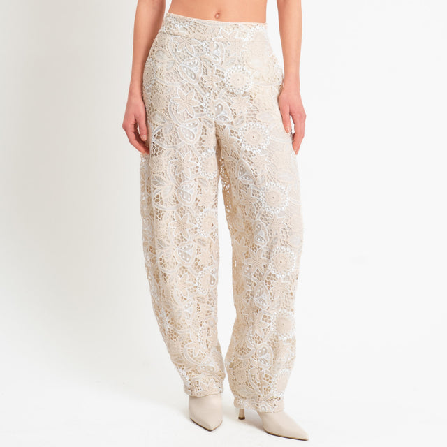 Motel-Pantalone in pizzo macramè elastico dietro - burro