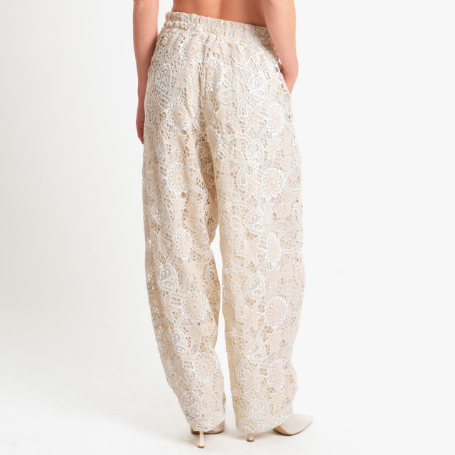 Motel-Pantalone in pizzo macramè elastico dietro - burro