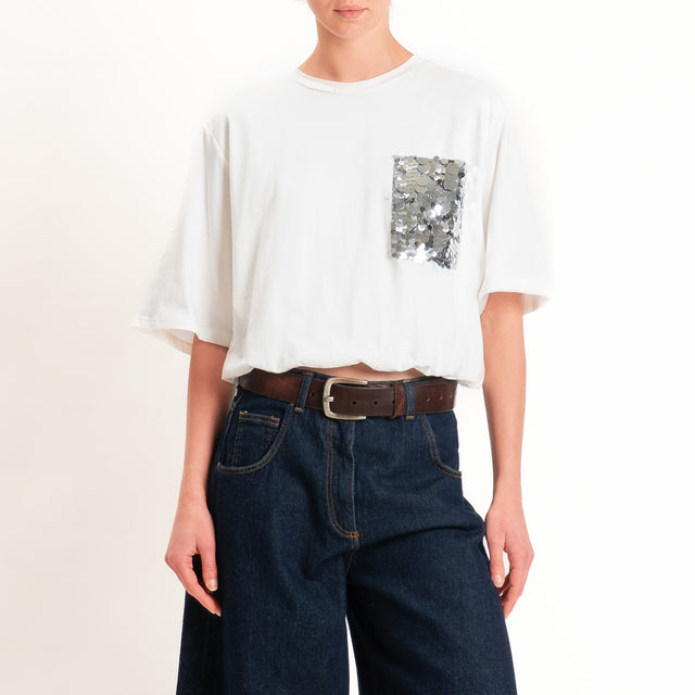 Motel-T-shirt con taschino maxi paillettes fondo con elastico - panna
