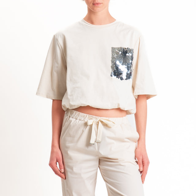 Motel-T-shirt con taschino maxi paillettes fondo con elastico - sabbia