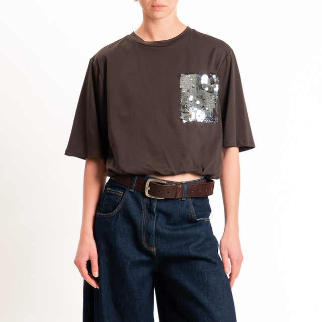 Motel-T-shirt con taschino maxi paillettes fondo con elastico - moro