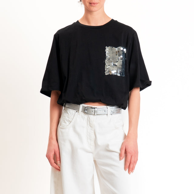 Motel-T-shirt con taschino maxi paillettes fondo con elastico - nero