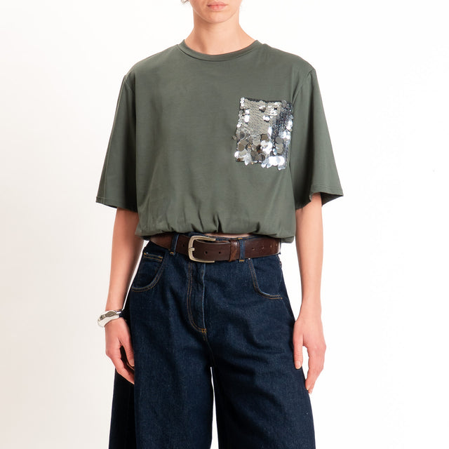 Motel-T-shirt con taschino maxi paillettes fondo con elastico - militare