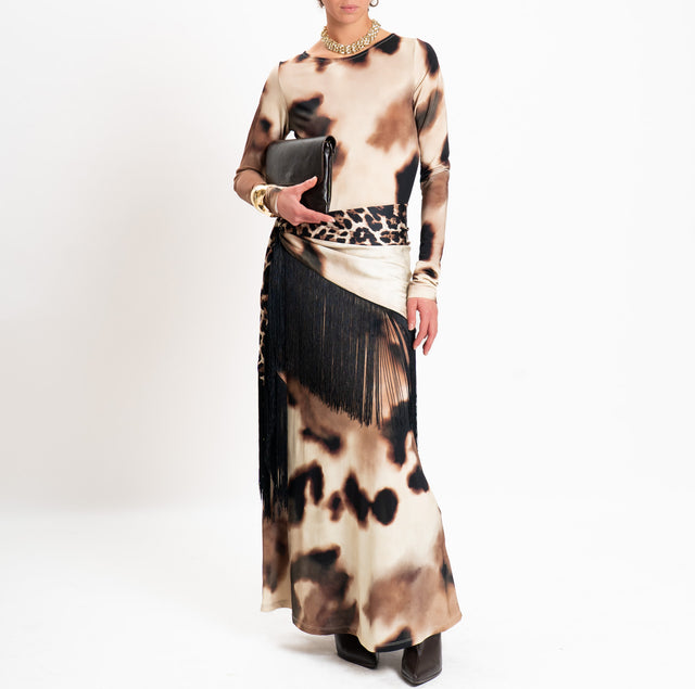 Motel-Pareo fantasia animalier con frange - beige/nero