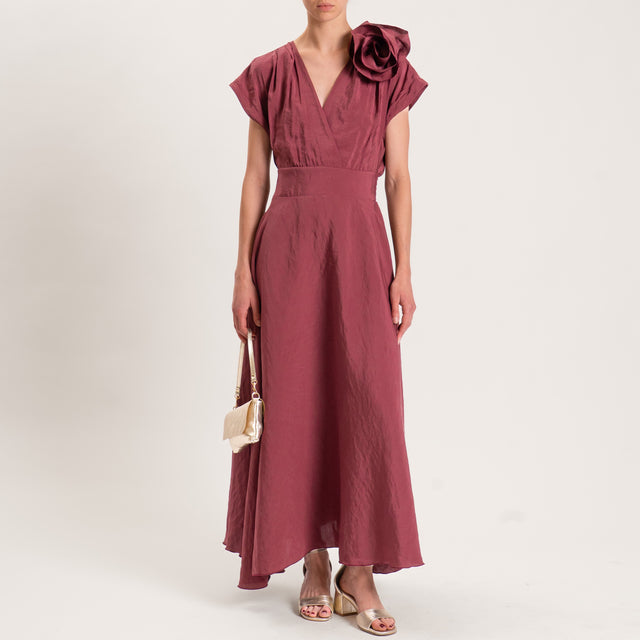 Motel-Abito scollo v spilla fiore - burgundy