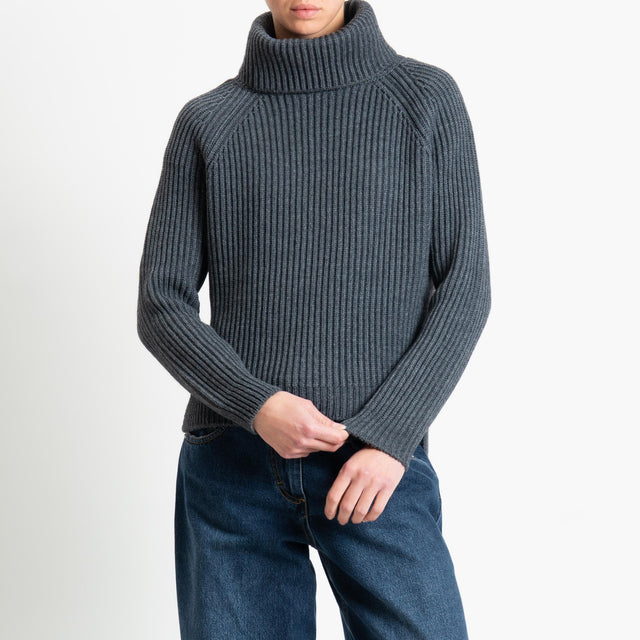 Motel-Maglia collo alto costa inglese spacchi laterali - antracite