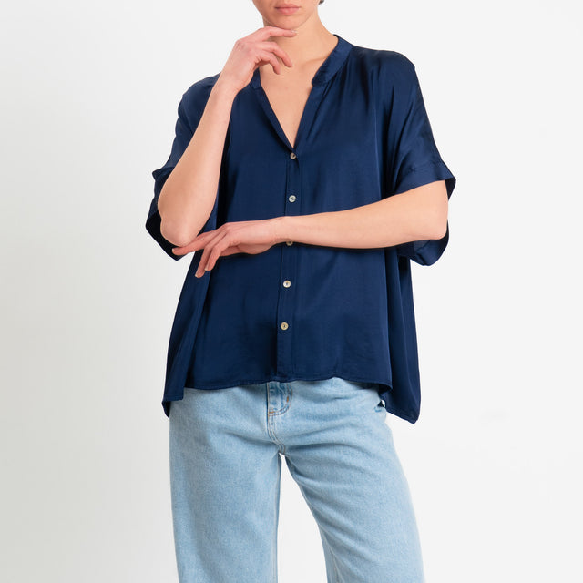 Motel-Camicia collo coreana manica scesa in satin - blu